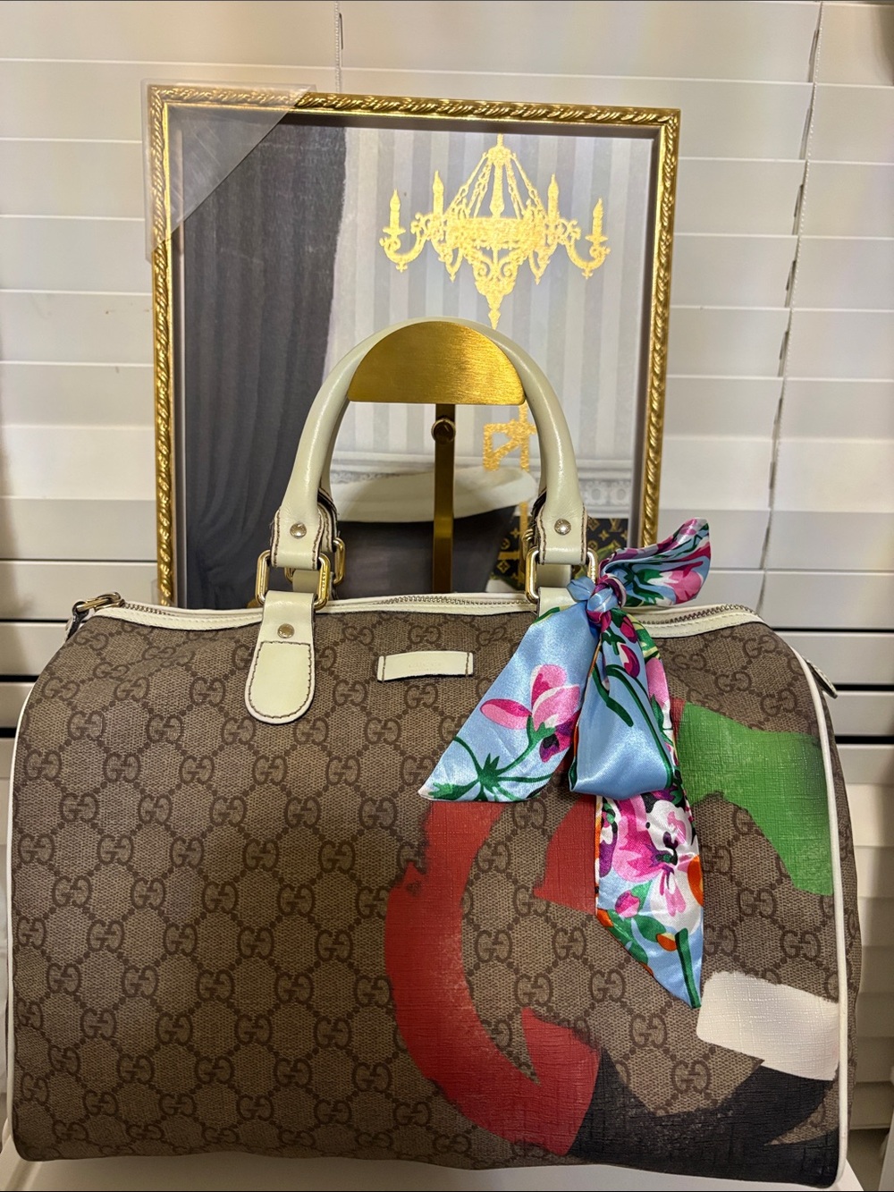 Gucci💚 Brown GG Canvas Top-Handle Bag with/ free unbranded floral Twilly